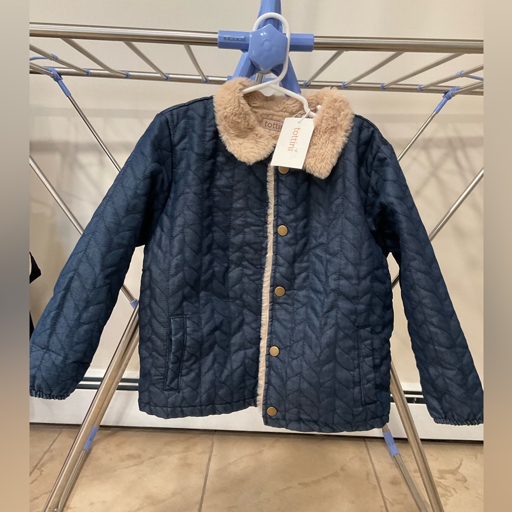 Tottini Kids Quilted denim Jacket with Faux Fur Collar